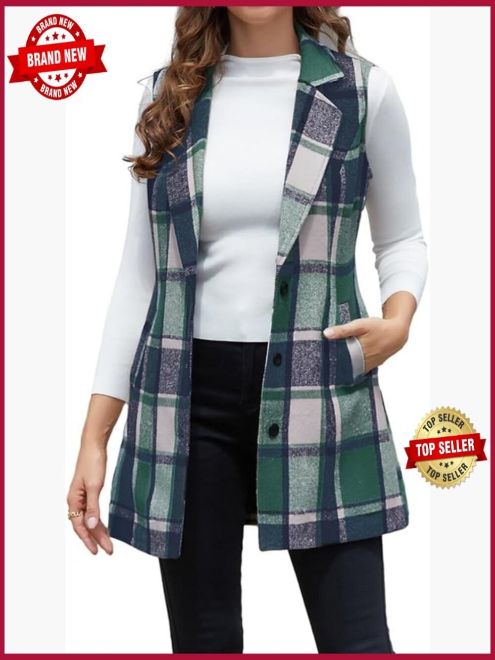 Wool Plaid Sleeveless Blazer Vest Notch Lapel Button Pockets